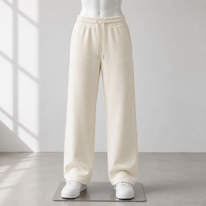 Women Cream Knitted Wide Leg Pants Mid Waist Loose Fit Full Length Casual Solid Color Drawstring Elastic Waist Fleece Sweatpants - Product Image 4