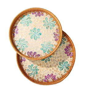 Juego de bandejas de servir de ratán premium con incrustaciones de conchas y mosaico de peces marinos, cesta circular de mimbre con asas de madera, venta al por mayor - Product Image 3