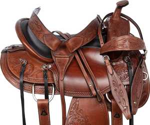 Selle de cheval western en cuir véritable, décorée de motifs floraux, pour l'équitation à la ferme, avec accessoires - Product Image 3