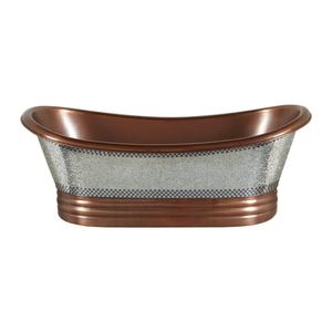 Bañera independiente de cobre hecha a mano con acabado exterior azul verdoso y patas decorativas de latón. - Product Image 4