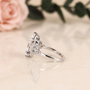 Marquise Cut <b>Ring</b> Featuring Floral Leaf Side Design Round Accent Gems <b>Silver</b> Tone <b>Statement</b> Engagement Bridal Fine Jewelry <b>Rings</b> - Product Image 4