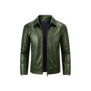 Men's Green PU Leather Moto <b>Jacket</b> <b>With</b> <b>Zipper</b> Closure And <b>Pockets</b> Slim Fit Autumn Style - Product Image 1