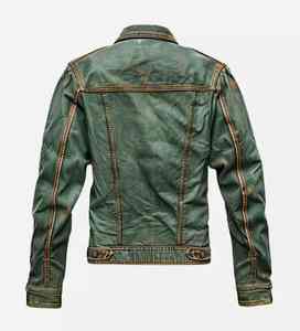 Vestes en cuir et denim vert vieilli de haute qualité pour hommes, fabrication professionnelle, meilleure qualité. - Product Image 2