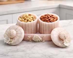 Oriental Resin Storage <b>Box</b> <b>Set</b> Four Cylindrical Containers Gold Leaf Accents Eco-Friendly Blue Handcrafted Flip Top Container - Product Image 2