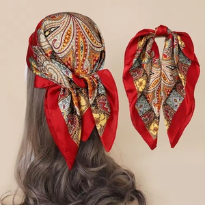 90 X 90cm Women Satin Silk Hijab Head <b>Scarf</b> Floral Printed Summer Designer Satin Silk Hair Wrap <b>Square</b> <b>Scarves</b> - Product Image 1