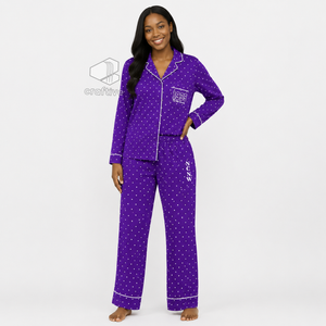 Conjunto de pijama con estampado de corazones morados para mujer de NCNW, con botones en la parte delantera, manga larga, cuello con muescas, ribetes en contraste suaves, pijamas para estar en casa - Product Image 5