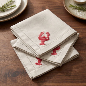 Custom Wholesale Embroidery Red Lobster Natural <b>Linen</b> Dinner Napkin Hemstitch <b>Cloth</b> Napkin Machine Washable Durable Home Hotel - Product Image 2