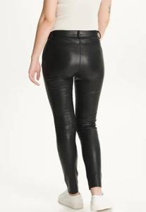 Pantalon décontracté noir pour femme, coupe skinny droite, en polyester/coton, taille mi-haute élastique avec plis décoratifs, haute qualité - Product Image 3