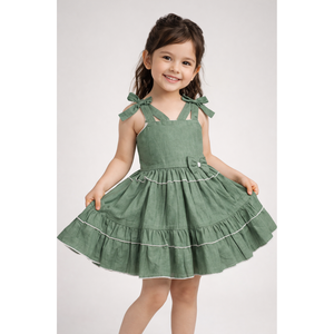 Vestido Casual de Algodón Tejido para Niñas, con Lazos en los Hombros, Color Verde Salvia - Product Image 1
