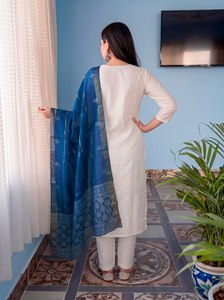 NOIIR PIGEON <b>Womens</b> Cotton Blend <b>Kurta</b> Pant Chanderi Printed Dupatta Set Quick Dry Wrinkle Free Fully Stitched Indian - Product Image 3