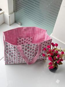 Hand-Block Printed Quilted Winter Tote Shopping Bag From India Multi-Color Floral Design Two <b>Shoulder</b> <b>Straps</b> Lining Wholesale - Product Image 6