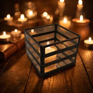 Artisan Design Handmade <b>Square</b> Iron Votive Candle Holder with Metal Frame <b>Glass</b> Panel Brass <b>Glass</b> Mirror for Home Decoration - Product Image 1