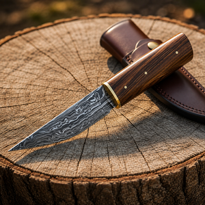 Couteau Viking Seax fait main - Lame en acier Damas avec manche en bois et étui en cuir - Product Image 1