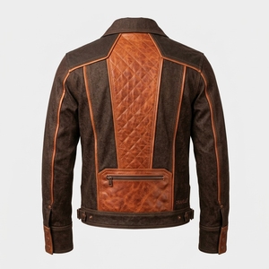 Blouson Biker Homme en Jean Brun Vintage Personnalisé avec Patchs en Cuir, Fermeture Éclair Asymétrique, Panneaux Matelassés, Style Western Moto, Vêtement d'extérieur OEM ODM - Product Image 2
