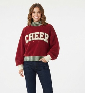 Women's Red <b>Christmas</b> <b>Sweatshirt</b> With Gingham Collar And Cuffs Applique Number 25 Front Print Winter Pullover - Product Image 3
