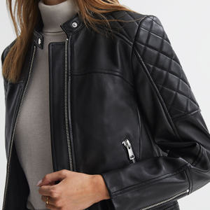 Veste de moto en cuir véritable pour femme, personnalisée et brodée, écologique, coupe courte, en cuir de vachette, vente en gros - Product Image 2