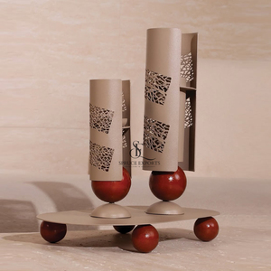 Modern 2-Piece Metal Bakhoor Incense Burner Set, Geometric Cutout Oud Burners With Wooden Ball Accents & Matching Serving <b>Tray</b> - Product Image 1