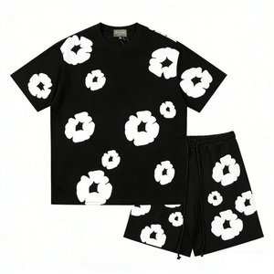 Men's 100% Cotton 3D Puff Printing Wreath Denim T-Shirts & Shorts Tears 2 Piece <b>Sets</b> for American Streetwear - Product Image 1