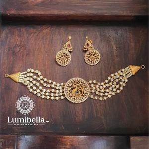 14K Gold Plated Five Layer Pearl Peacock Choker Necklace - Product Image 1