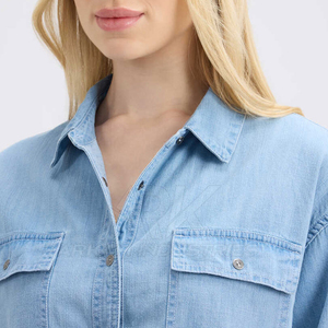 Camisa de Mezclilla de Manga Corta para Mujer, Cuello Alto, 100% Algodón Orgánico, Corte Ajustado, Ideal para Oficina, Estilo Casual de Verano - Product Image 6
