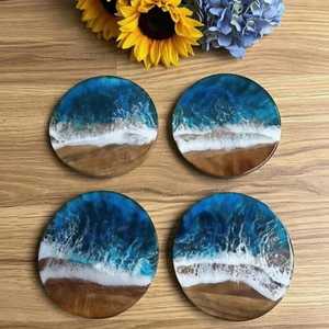 Handmade <b>Epoxy</b> Resin Ocean Wave Coaster Set Round Drink Mat <b>Coffee</b> Tea <b>Table</b> Pad - Product Image 4