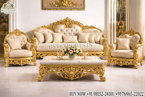 Juego de Sofás Clásico Maharaja Palace con Tapicería de Lujo Estilo Italiano, Muebles de Sala de Estar Tallados a Mano, Sofá con Acabado Dorado Clásico - Product Image 6