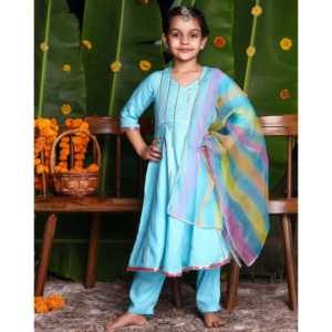 Ensemble Salwar Kameez en rayonne bleu aqua pour enfants de 1 à 2 ans, Inde, Pakistan, pour les festivités de Diwali - Product Image 1