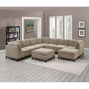 Tessuto ciniglia cammello 9pc Set di mobili componibili componibili 3 cunei angolari 4 poltrone senza braccia 2 pouf trapuntati a vista - Product Image 1