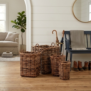 new modern minimalist wholesale set of four natural rattan woven storage <b>baskets</b> rustic <b>wicker</b> organizer bins with <b>handles</b> items - Product Image 3