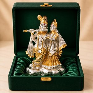 Ídolo de Radha Krishna Hecho a Mano en Plata y Chapado en Oro de 24K de 3.7 Pulgadas para Regalo de Boda - Product Image 1