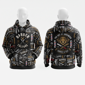 Sweat à capuche de barbier en polyester/coton 240 GSM de qualité supérieure, noir, or, blanc, imprimé par sublimation intégrale, avec poche, logo personnalisé, streetwear, collection automne - Product Image 1