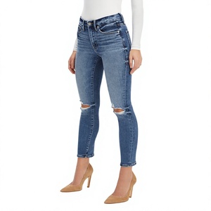 Jean vintage taille haute pour femme, coupe droite, déchiré aux genoux, en denim respirant, délavage moyen, extensible - Product Image 2
