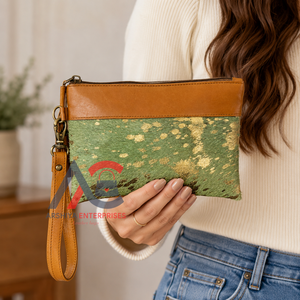 2026 New Arrival Wholesale Green Metallic Hair On Hide Leather <b>Wristlet</b> Clutch for Women's Design Clutch Perfect for Travel Use - Product Image 1