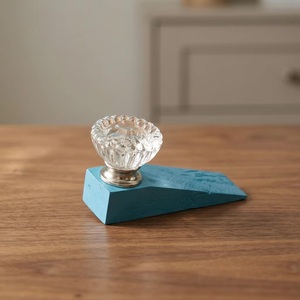 Crystal <b>Glass</b> <b>Knob</b> <b>Door</b> Stopper with Blue Wood Base Traditional Style Adjustable & Durable Drawer Handle for Home Office Use - Product Image 1