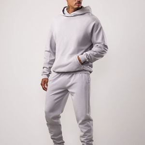 Ensemble de survêtement unisexe gris à capuche 2-en-1 écologique, couleur unie, manches longues, en coton mi-lourd, avec pantalon décontracté et poches latérales - Product Image 1