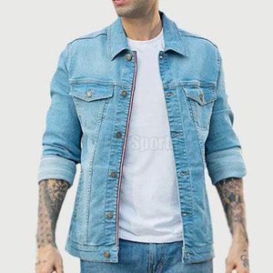 Veste d'hiver pour homme, coupe slim, fabrication professionnelle, usage décontracté en extérieur, col montant, logo sur le devant, 100% coton, veste en jean - Product Image 3