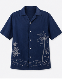 เสื้อเชิ้ตผู้ชายสีน้ำเงินกรมท่า ปกติดกระดุม แขนสั้น สไตล์ลำลอง - Product Image 6