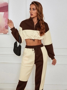 Ensemble de survêtement pour femme, sweat-shirt court à blocs de couleur, manches longues, coupe ample, vêtements décontractés avec poches, vêtements de sport pour toutes les saisons - Product Image 3