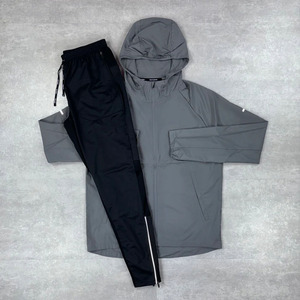 Veste coupe-vent unisexe OEM grise à col zippé, pantalon de survêtement noir léger, imperméable, séchage rapide, design sportif 2-en-1, pour l'automne - Product Image 1