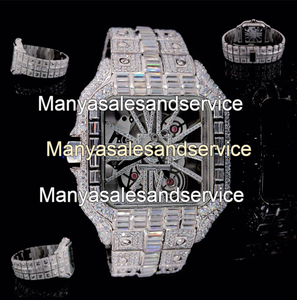 Montre pour homme en acier inoxydable avec cadran carré squelette entièrement serti de diamants Moissanite en or blanc 14 carats, fabrication sur mesure, idéale pour les soirées - Product Image 1