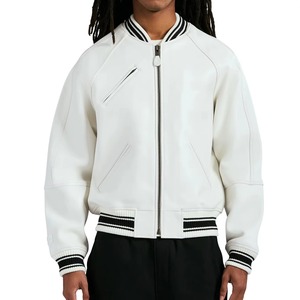 ASTURBAN WEAR White Varsity Jacket Full Sleeve Solid Color V-neck Covered Button Closure Canvas Breathable Leather/<b>Wool</b> Autumn - Product Image 6