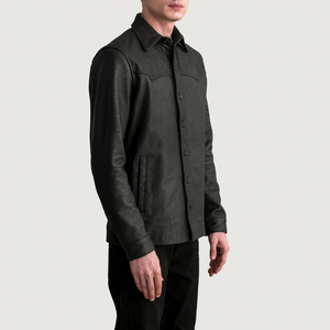 Veste chemise en cuir PU noir pour homme, col rabattu, fermeture boutonnée, coupe ajustée, style workwear, vêtement d'automne - Product Image 3