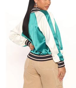 Luxury Womens Satin Silk Varsity Jacket Embroidered Letterman Jacket Custom Private Label OEM Fashion Outerwear - Product Image 2