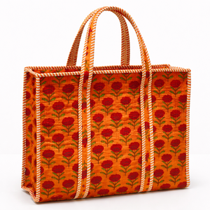 Bolso Tote de Algodón Acolchado con Estampado de Clavel Azul Hecho a Mano, Motivo Floral Étnico Premium, Gran Capacidad, Bolso de Hombro para Mujer - Product Image 1