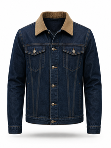 Chaqueta de Mezclilla Azul Oscuro para Hombre, Cierre de Botones, Corte Regular, Estampado Vintage, Estilo Urbano Informal, Ropa de Otoño, 100% Algodón Tejido - Product Image 1