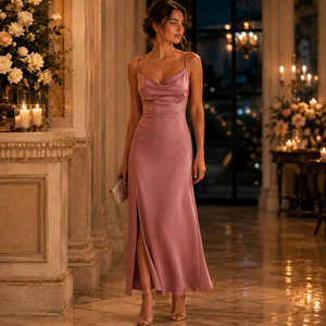 Vestido Midi de Satén Color Rosa Empolvado para Mujer, con Cuello Drapeado, Tirantes Ajustables, Abertura Lateral, Elegante para Cóctel, Fiesta, Boda - Product Image 3