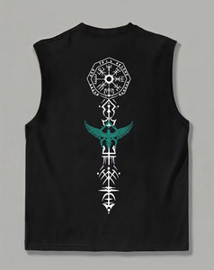 Men's Black Sleeveless Tank Top Geometric Viking Rune Print O-Neck Casual Cotton Front Knitted Style - Product Image 1