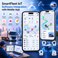 Intégration du logiciel SmartFleet IoT avec application mobile, suivi des véhicules en temps réel, surveillance de la flotte, alertes instantanées, Android, iOS