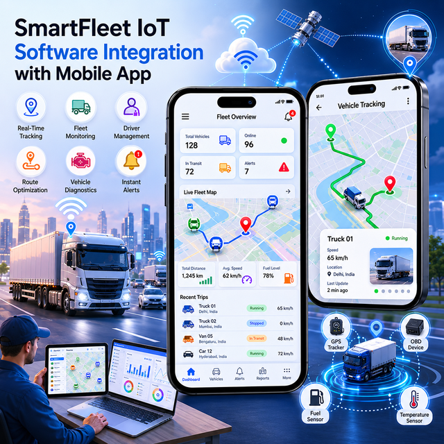 SmartFleet IoT Software Integration with Mobile App Real-Time Vehicle Tracking Fleet Monitoring Instant Alerts Android iOS