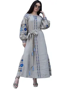 Elegante vestido de fiesta de manga larga bordado, longitud hasta el suelo, Floral, con cinturón - Product Image 1